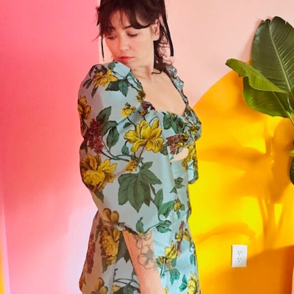 ASOS Salon Floral Jacquard Puff Sleeve Cut Out Dress - 8 - Picture 12 of 14